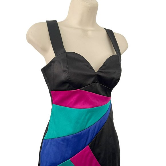 H&M  Black Pink Blue Green Color Block Body Con Sleeveless Dress 80s Sz 2 - Picture 2 of 7